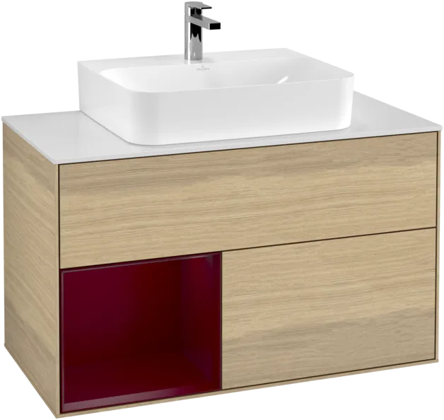 VILLEROY BOCH Toaletní stolek Finion, s osvětlením, 2 výsuvy, 1000 x 603 x 501 mm, dubová dýha / matný lak Pivoňka / matné bílé sklo #F111HBPC, obrázek 1