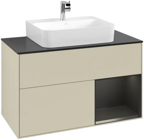 VILLEROY BOCH Toaletní skříňka Finion, s osvětlením, 2 výsuvy, 1000 x 603 x 501 mm, hedvábně šedý matný lak / černý matný lak / černé matné sklo #F122PDHJ