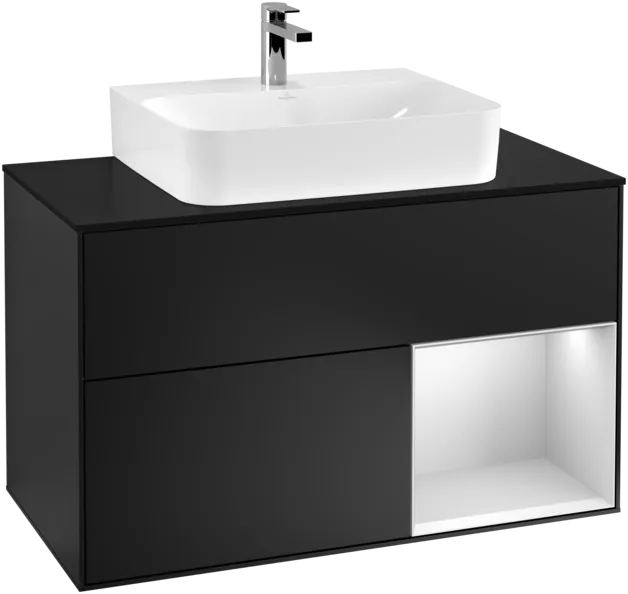 VILLEROY BOCH Umyvadlová skříňka Finion, s osvětlením, 2 výsuvy, 1000 x 603 x 501 mm, černý matný lak / bílý matný lak / černé matné sklo #F122MTPD