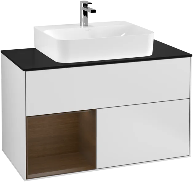 VILLEROY BOCH Toaletní skříňka Finion, s osvětlením, 2 výsuvy, 1000 x 603 x 501 mm, bílý matný lak / ořechová dýha / černé matné sklo #F112GNMT
