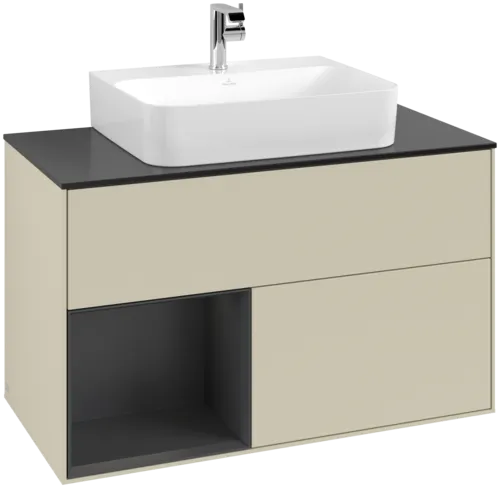 VILLEROY BOCH Toaletní skříňka Finion, s osvětlením, 2 výsuvy, 1000 x 603 x 501 mm, hedvábně šedý matný lak / bílý matný lak / černé matné sklo #F112MTHJ