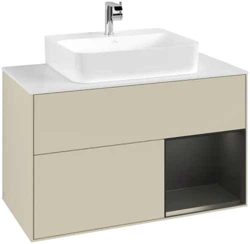 VILLEROY BOCH Toaletní skříňka Finion, s osvětlením, 2 výsuvy, 1000 x 603 x 501 mm, hedvábně šedý matný lak / černý matný lak / bílé matné sklo #F121PDHJ