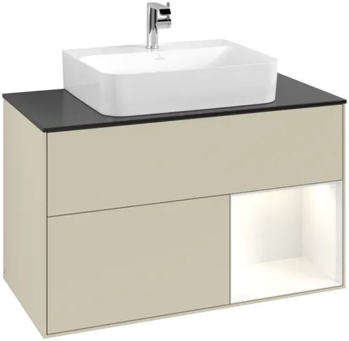 VILLEROY BOCH Toaletní skříňka Finion, s osvětlením, 2 výsuvy, 1000 x 603 x 501 mm, hedvábně šedý matný lak / lesklý bílý lak / černé matné sklo #F122GFHJ