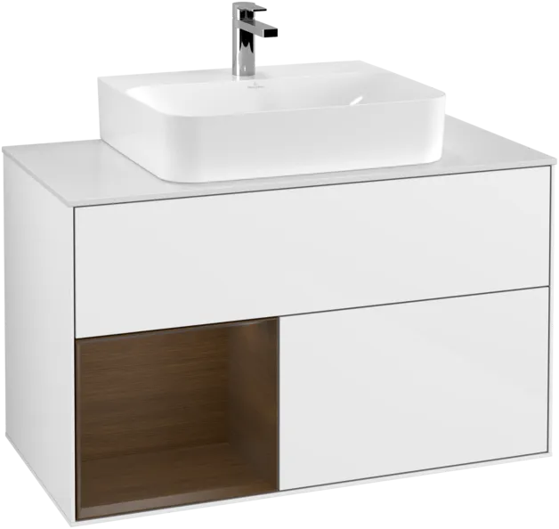 VILLEROY BOCH Toaletní skříňka Finion, s osvětlením, 2 výsuvy, 1000 x 603 x 501 mm, lesklý bílý lak / ořechová dýha / sklo bílé matné #F111GNGF