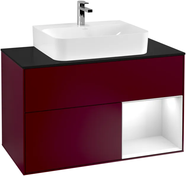VILLEROY BOCH Toaletní skříňka Finion, s osvětlením, 2 výsuvy, 1000 x 603 x 501 mm, matný lak Peony / lesklý bílý lak / černé matné sklo #F122GFHB, obrázek 1
