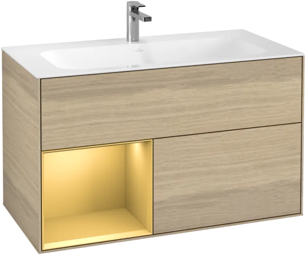 VILLEROY BOCH Toaletní skříňka Finion, s osvětlením, 2 výsuvy, 996 x 591 x 498 mm, dubová dýha / zlatý matný lak #F030HFPC