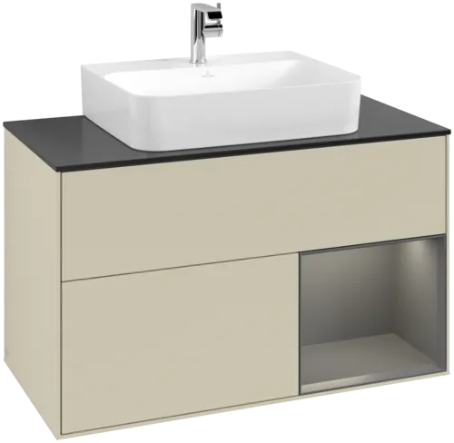 VILLEROY BOCH Toaletní skříňka Finion, s osvětlením, 2 výsuvy, 1000 x 603 x 501 mm, hedvábně šedý matný lak / antracitový matný lak / černé matné sklo #F122GKHJ