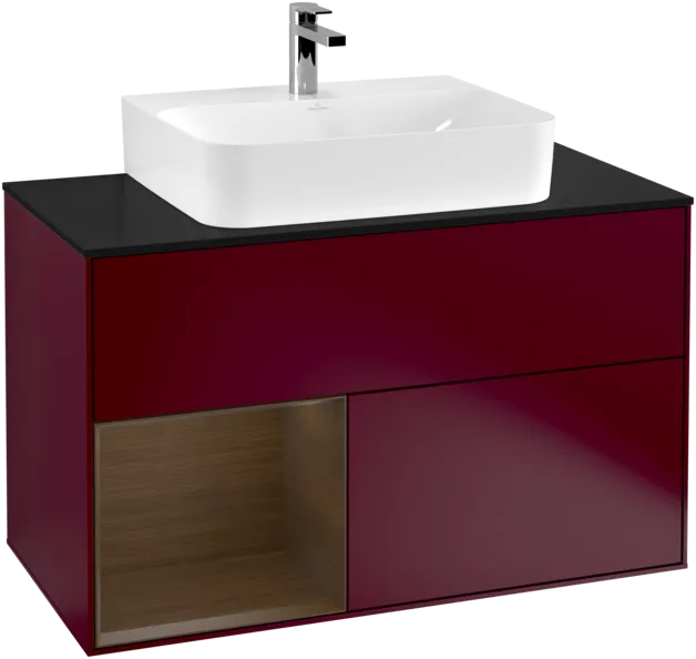VILLEROY BOCH Toaletní stolek Finion, s osvětlením, 2 výsuvy, 1000 x 603 x 501 mm, matný lak Peony / ořechová dýha / černé matné sklo #F112GNHB, obrázek 1