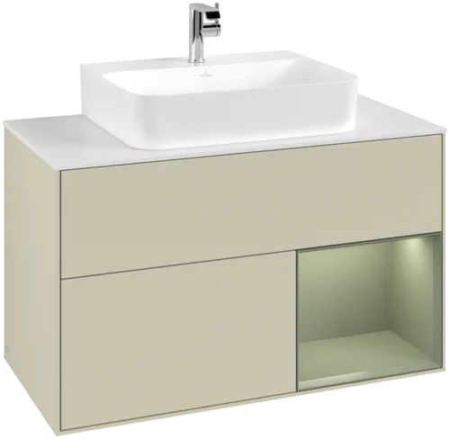 VILLEROY BOCH Toaletní skříňka Finion, s osvětlením, 2 výsuvy, 1000 x 603 x 501 mm, hedvábně šedý matný lak / olivový matný lak / bílé matné sklo #F121GMHJ