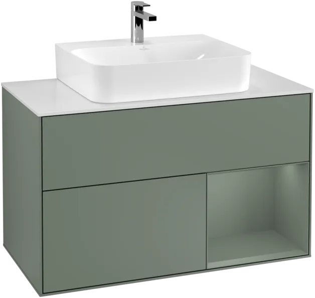 VILLEROY BOCH Toaletní skříňka Finion, s osvětlením, 2 výsuvy, 1000 x 603 x 501 mm, olivově matný lak / olivově matný lak / sklo bílé matné #F121GMGM, obrázek 1