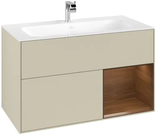 VILLEROY BOCH Toaletní skříňka Finion, s osvětlením, 2 výsuvy, 996 x 591 x 498 mm, hedvábně šedý matný lak / ořechová dýha #F040GNHJ
