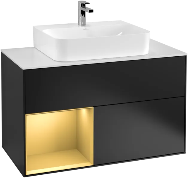 VILLEROY BOCH Toaletní skříňka Finion, s osvětlením, 2 výsuvy, 1000 x 603 x 501 mm, černý matný lak / zlatý matný lak / bílé matné sklo #F111HFPD