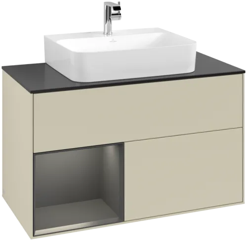 VILLEROY BOCH Toaletní skříňka Finion, s osvětlením, 2 výsuvy, 1000 x 603 x 501 mm, Silk Grey Matt Lacquer / Peony Matt Lacquer / Glass Black Matt #F112HBHJ