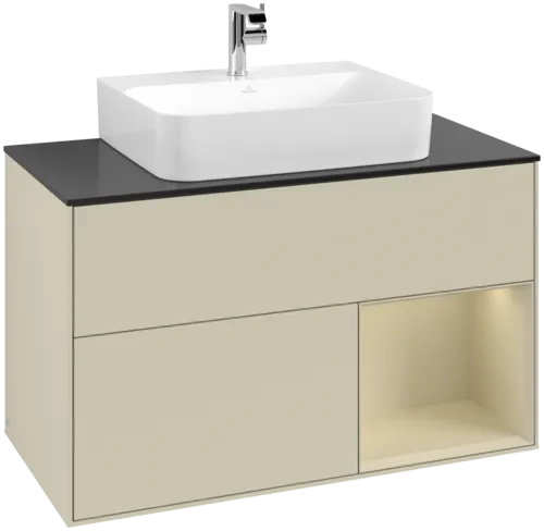 VILLEROY BOCH Toaletní skříňka Finion, s osvětlením, 2 výsuvy, 1000 x 603 x 501 mm, Silk Grey Matt Lacquer / Silk Grey Matt Lacquer / Glass Black Matt #F122HJHJ