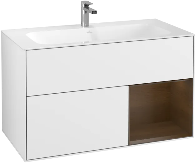 VILLEROY BOCH Toaletní skříňka Finion, s osvětlením, 2 výsuvy, 996 x 591 x 498 mm, lesklý bílý lak / ořechová dýha #F040GNGF