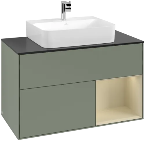VILLEROY BOCH Toaletní skříňka Finion, s osvětlením, 2 výsuvy, 1000 x 603 x 501 mm, olivový matný lak / hedvábně šedý matný lak / černé matné sklo #F122HJGM