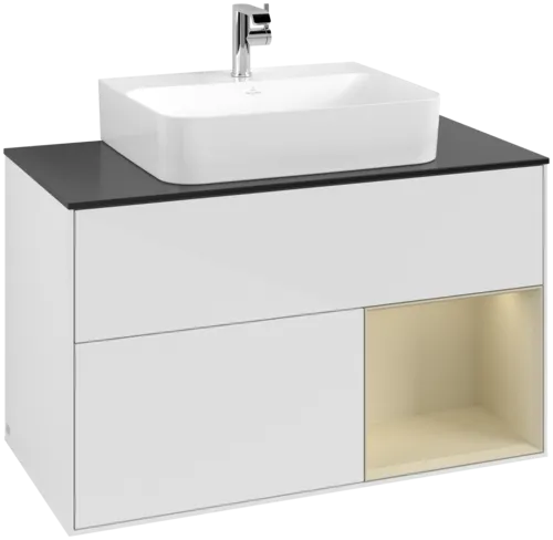 VILLEROY BOCH Toaletní skříňka Finion, s osvětlením, 2 výsuvy, 1000 x 603 x 501 mm, lesklý bílý lak / hedvábně šedý matný lak / černé matné sklo #F122HJGF