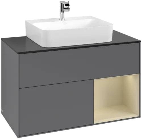 VILLEROY BOCH Toaletní skříňka Finion, s osvětlením, 2 výsuvy, 1000 x 603 x 501 mm, antracitový matný lak / hedvábně šedý matný lak / černé matné sklo #F122HJGK