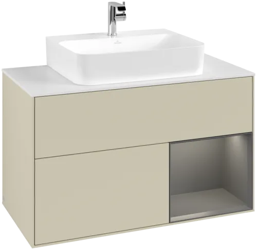 VILLEROY BOCH Toaletní skříňka Finion, s osvětlením, 2 výsuvy, 1000 x 603 x 501 mm, hedvábně šedý matný lak / antracitový matný lak / bílé matné sklo #F121GKHJ