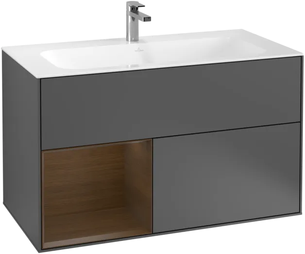 VILLEROY BOCH Toaletní skříňka Finion, s osvětlením, 2 výsuvy, 996 x 591 x 498 mm, antracitový matný lak / ořechová dýha #F030GNGK