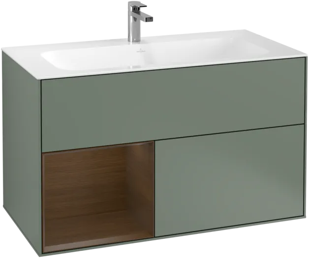 VILLEROY BOCH Toaletní skříňka Finion, s osvětlením, 2 výsuvy, 996 x 591 x 498 mm, olivový matný lak / ořechová dýha #F030GNGM