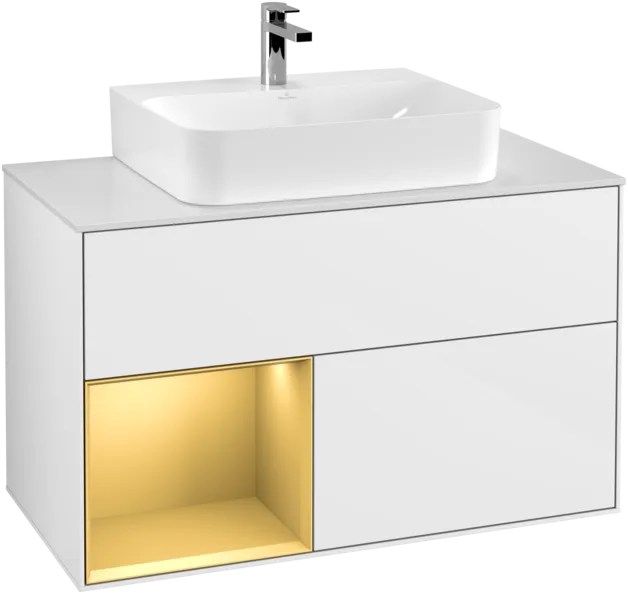 VILLEROY BOCH Toaletní skříňka Finion, s osvětlením, 2 výsuvy, 1000 x 603 x 501 mm, lesklý bílý lak / zlatý matný lak / bílé matné sklo #F111HFGF