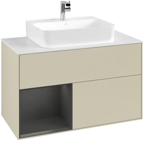 VILLEROY BOCH Toaletní skříňka Finion, s osvětlením, 2 výsuvy, 1000 x 603 x 501 mm, hedvábně šedý matný lak / dubová dýha / sklo bílé matné #F111PCHJ