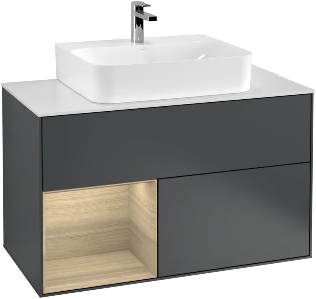 VILLEROY BOCH Toaletní skříňka Finion, s osvětlením, 2 výsuvy, 1000 x 603 x 501 mm, Midnight Blue Matt Lacquer / Oak Veneer / Glass White Matt #F111PCHG