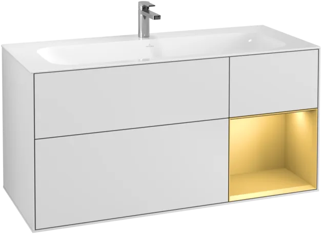 VILLEROY BOCH Toaletní skříňka Finion, s osvětlením, 3 výsuvy, 1196 x 591 x 498 mm, bílý matný lak / zlatý matný lak #F070HFMT
