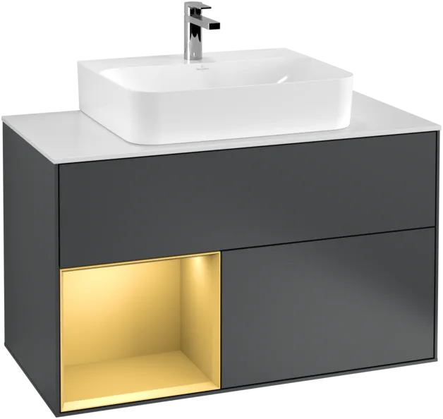 VILLEROY BOCH Toaletní skříňka Finion, s osvětlením, 2 výsuvy, 1000 x 603 x 501 mm, Midnight Blue Matt Lacquer / Gold Matt Lacquer / Glass White Matt #F111HFHG