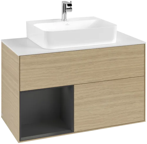 VILLEROY BOCH Toaletní stolek Finion, s osvětlením, 2 výsuvy, 1000 x 603 x 501 mm, dubová dýha / hedvábně šedý matný lak / sklo bílé matné #F111HJPC