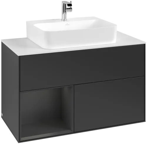 VILLEROY BOCH Toaletní skříňka Finion, s osvětlením, 2 výsuvy, 1000 x 603 x 501 mm, černý matný lak / hedvábně šedý matný lak / bílé matné sklo #F111HJPD