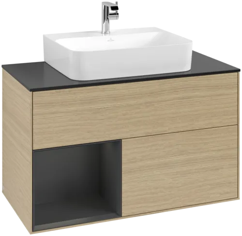 VILLEROY BOCH Toaletní skříňka Finion, s osvětlením, 2 výsuvy, 1000 x 603 x 501 mm, dubová dýha / hedvábně šedý matný lak / sklo černé matné #F112HJPC