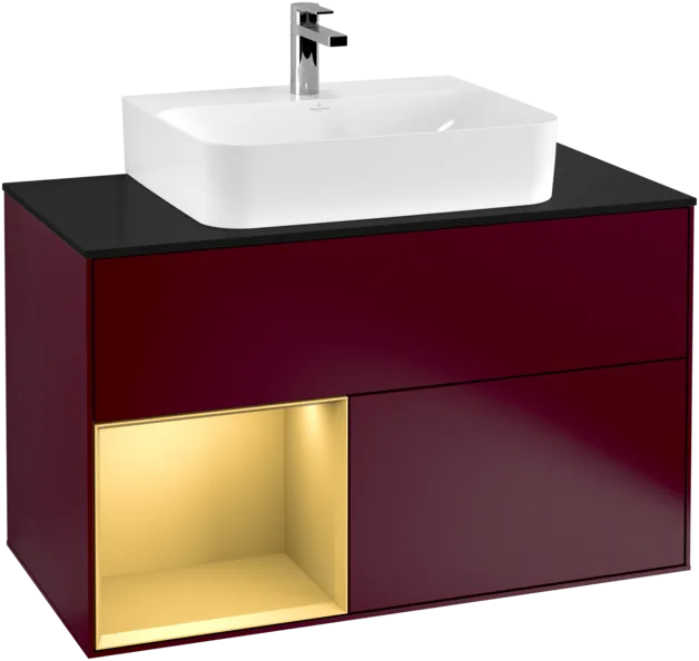 VILLEROY BOCH Toaletní skříňka Finion, s osvětlením, 2 výsuvy, 1000 x 603 x 501 mm, Peony Matt Lacquer / Gold Matt Lacquer / Glass Black Matt #F112HFHB