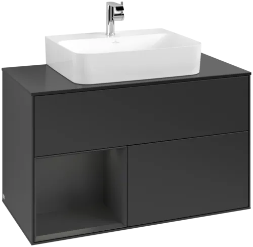 VILLEROY BOCH Toaletní skříňka Finion, s osvětlením, 2 výsuvy, 1000 x 603 x 501 mm, černý matný lak / hedvábně šedý matný lak / černé matné sklo #F112HJPD
