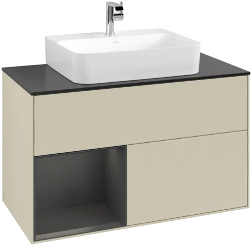 VILLEROY BOCH Toaletní skříňka Finion, s osvětlením, 2 výsuvy, 1000 x 603 x 501 mm, Silk Grey Matt Lacquer / Gold Matt Lacquer / Glass Black Matt #F112HFHJ