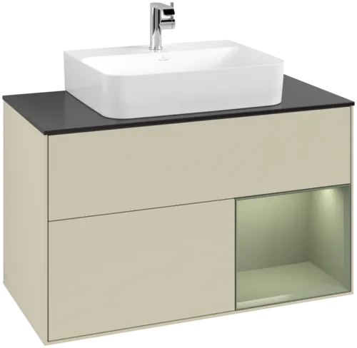VILLEROY BOCH Toaletní skříňka Finion, s osvětlením, 2 výsuvy, 1000 x 603 x 501 mm, hedvábně šedý matný lak / olivový matný lak / černé matné sklo #F122GMHJ