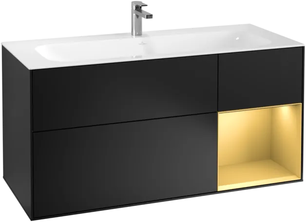 VILLEROY BOCH Toaletní skříňka Finion, s osvětlením, 3 výsuvy, 1196 x 591 x 498 mm, černý matný lak / zlatý matný lak #F070HFPD