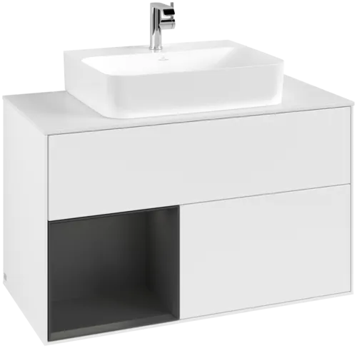 VILLEROY BOCH Toaletní skříňka Finion, s osvětlením, 2 výsuvy, 1000 x 603 x 501 mm, bílý matný lak / hedvábně šedý matný lak / bílé matné sklo #F111HJMT