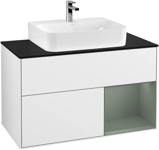 VILLEROY BOCH Toaletní skříňka Finion, s osvětlením, 2 výsuvy, 1000 x 603 x 501 mm, lesklý bílý lak / olivově matný lak / černé matné sklo #F122GMGF