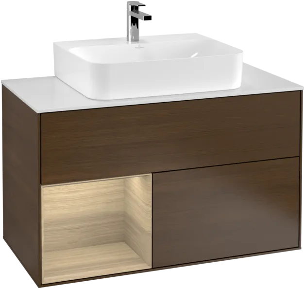 VILLEROY BOCH Umyvadlová skříňka Finion, s osvětlením, 2 výsuvy, 1000 x 603 x 501 mm, ořechová dýha / dubová dýha / sklo bílé matné #F111PCGN