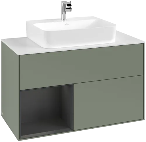 VILLEROY BOCH Toaletní skříňka Finion, s osvětlením, 2 výsuvy, 1000 x 603 x 501 mm, olivový matný lak / hedvábně šedý matný lak / bílé matné sklo #F111HJGM