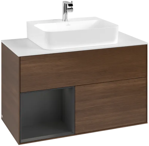 VILLEROY BOCH Toaletní skříňka Finion, s osvětlením, 2 výsuvy, 1000 x 603 x 501 mm, ořechová dýha / hedvábně šedý matný lak / sklo bílé matné #F111HJGN