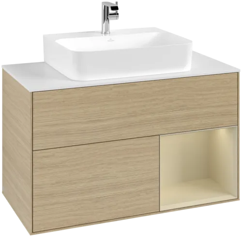 VILLEROY BOCH Toaletní stolek Finion, s osvětlením, 2 výsuvy, 1000 x 603 x 501 mm, dubová dýha / hedvábně šedý matný lak / sklo bílé matné #F121HJPC