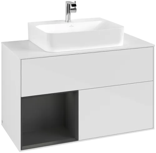 VILLEROY BOCH Toaletní skříňka Finion, s osvětlením, 2 výsuvy, 1000 x 603 x 501 mm, lesklý bílý lak / hedvábně šedý matný lak / bílé matné sklo #F111HJGF