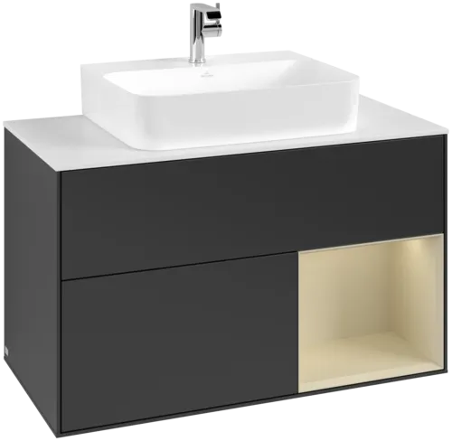 VILLEROY BOCH Toaletní skříňka Finion, s osvětlením, 2 výsuvy, 1000 x 603 x 501 mm, černý matný lak / hedvábně šedý matný lak / bílé matné sklo #F121HJPD