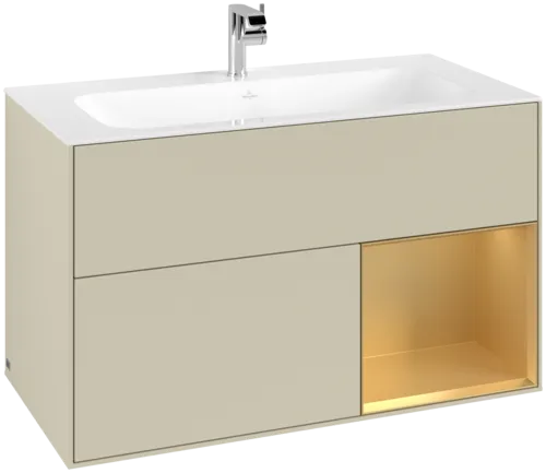 VILLEROY BOCH Toaletní skříňka Finion, s osvětlením, 2 výsuvy, 996 x 591 x 498 mm, hedvábně šedý matný lak / zlatý matný lak #F040HFHJ