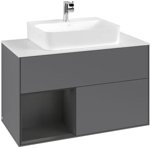 VILLEROY BOCH Toaletní skříňka Finion, s osvětlením, 2 výsuvy, 1000 x 603 x 501 mm, antracit matný lak / hedvábně šedý matný lak / sklo bílé matné #F111HJGK