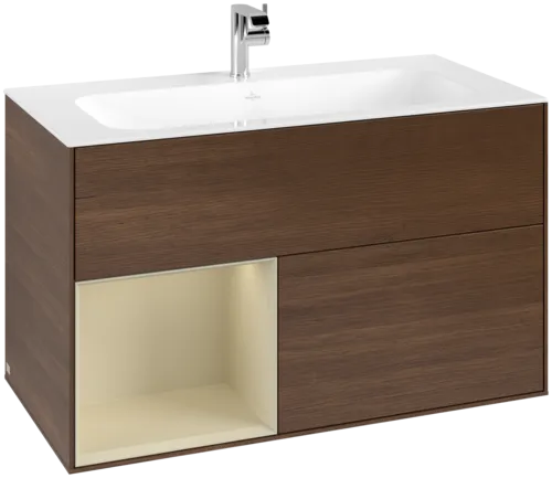 VILLEROY BOCH Toaletní skříňka Finion, s osvětlením, 2 výsuvy, 996 x 591 x 498 mm, ořechová dýha / hedvábně šedý matný lak #F030HJGN