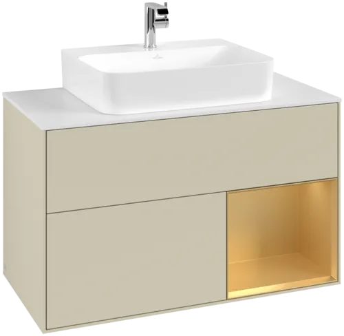 VILLEROY BOCH Toaletní skříňka Finion, s osvětlením, 2 výsuvy, 1000 x 603 x 501 mm, Silk Grey Matt Lacquer / Gold Matt Lacquer / Glass White Matt #F121HFHJ